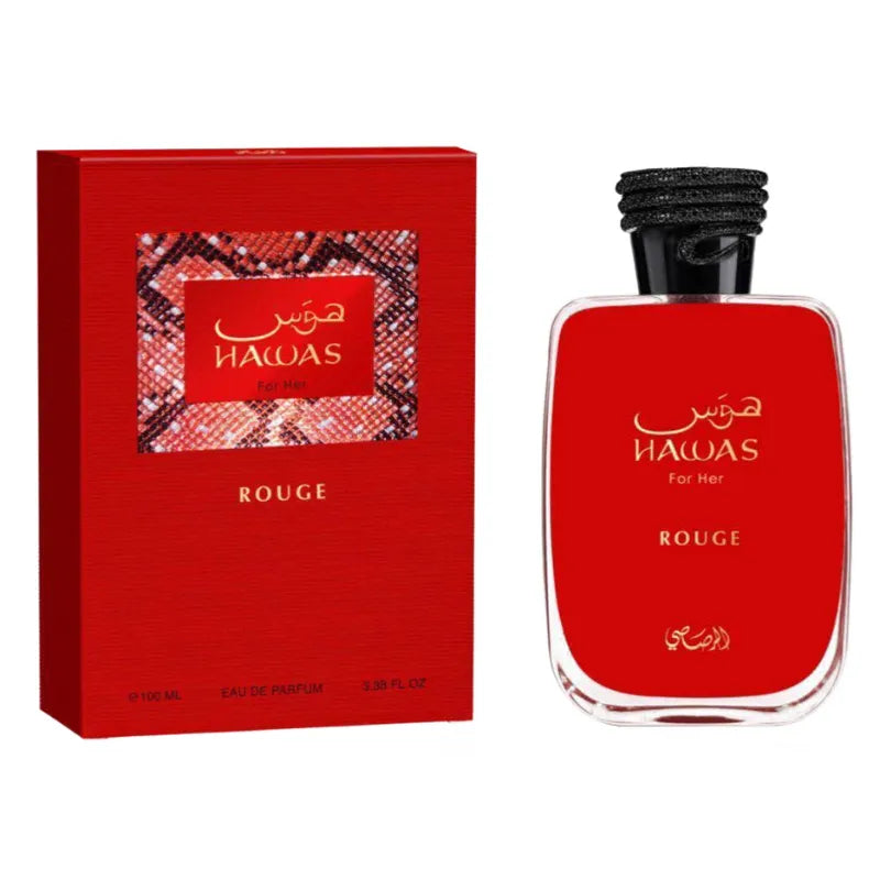 Rasasi Hawas Rouge EDP 100ml em fundo claro