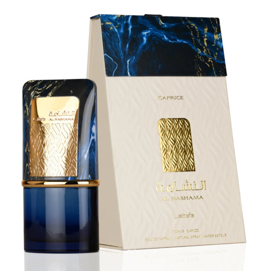 Lattafa Al Nashama Caprice EDP 100ml em fundo claro